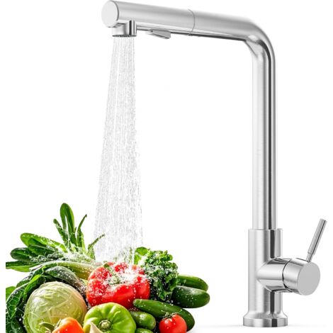 Robinet de cuisine avec douchette extractible, mitigeur monobloc pivotant à 360°, robinet en L, robinet moderne en acier (1/5)