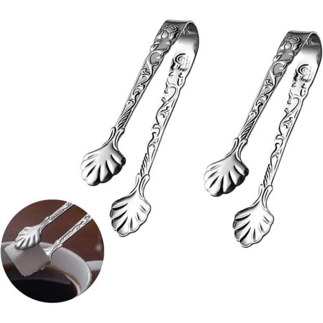 Lot de 2 pinces en acier inoxydable en forme de U, motif rose, mini pinces à sucre pour tea party et bar à café (argenté) (1/5)