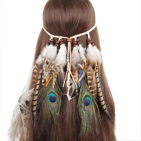 Serre-tête à plumes, coiffure hippie, coiffure bohème, coiffure de carnaval, accessoires pour cheveux pour femmes et filles (vert) (1/5)