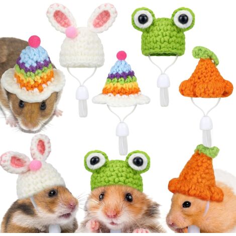 Lot de 4 mini chapeaux pour hamster, petits animaux, avec sangle réglable, jolis chapeaux tricotés à la main, grenouille (1/5)
