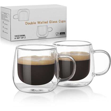 Tasses à café en verre à double paroi avec anse, lot de 2, creuses, scellées sous vide, fabriquées à la main, 250 ml (1/5)