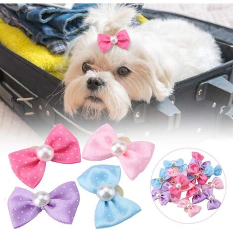 Lot de 20 nœuds pour cheveux de chien avec bandes en caoutchouc et ruban pour cheveux en perles d'imitation (1/5)
