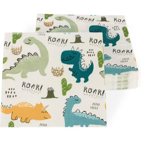 Lot de 40 serviettes en papier « Roar  » Dinosaures, 4 types de dinosaures, pour décoration de fête, anniversaire, 16,5 x 16,5 cm (1/5)
