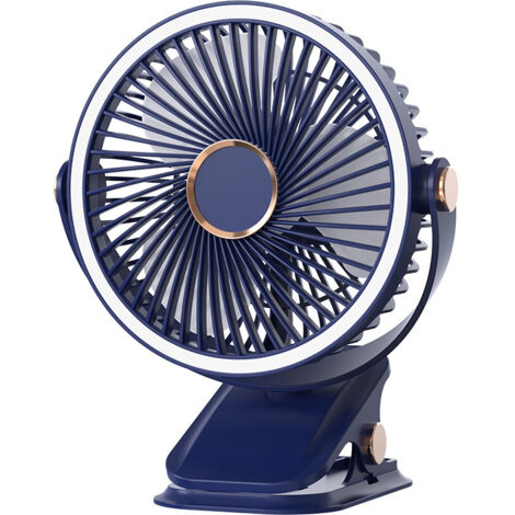 Ventilateur portable rechargeable réglable à 720° avec lumière LED, petit ventilateur personnel USB alimenté par batterie, bleu