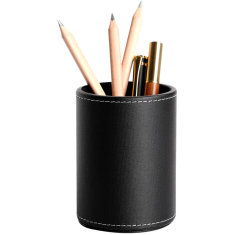 Business leather round pen holder desktop stationery storage box storage jar cosmetic brush holder creative fashion office supplies. (1/4)