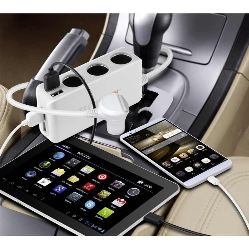 Technaxx Autoladegerät Halterung TE11 mit 4-Port USB-Anschlüssen und 3-fach Kfz-Verteiler für Smartphone/Tablet 