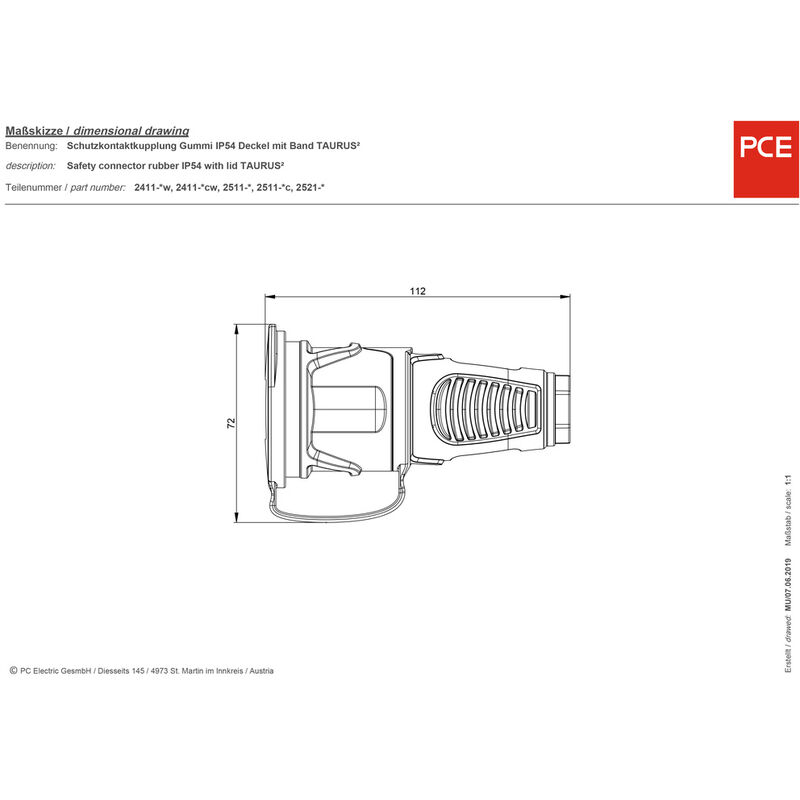 PCE 2521-sr Schutzkontaktkupplung Vollgummi, Thermoplast 250 V