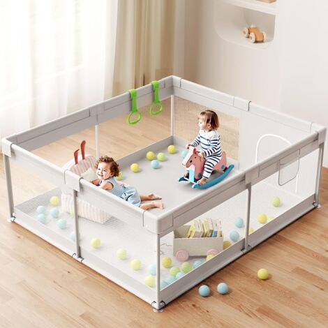 Parc pour bébé, 175 x 150 cm, avec filet respirant, fond antidérapant et 2 anneaux de jeu.