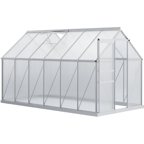Serre de Jardin en Polycarbonate 7,1 m² dim. 1,9L x 3,75l x 1,99 m avec Fondation, Lucarne réglable, Porte coulissante - Argent et Transparent