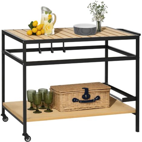 Desserte de jardin chariot pour plancha en bois et métal 2 étagères 3 crochets 107 x 65 x 80 cm noir naturel (1/5)