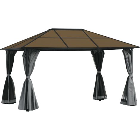 Tonnelle pavillon de jardin avec toit rigide polycarbonate imperméable 4 parois latérales anti-UV moustiquaires 4 x 3 m gris foncé et noir (1/5)