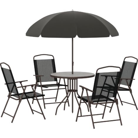 Ensemble Salon de Jardin 6 pcs - Table Ronde + 4 chaises Pliables + Parasol - Acier époxy café textilène Polyester Noir (1/5)