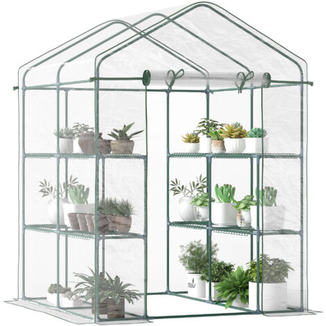 Serre de jardin avec étagères 3 niveaux, serre de balcon, bâche renforcée, châssis en acier, porte zippée enroulable, pour légumes plantes fleurs, intérieur et extérieur, 143x143x195cm, vert (1/5)