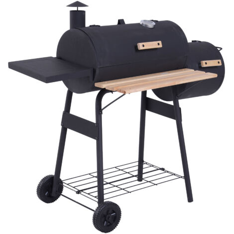 Barbecue à Charbon fumoir BBQ Grill Smoker sur Pied avec Couvercle, roulettes, thermomètre, étagères Acier laminé à Froid Noir