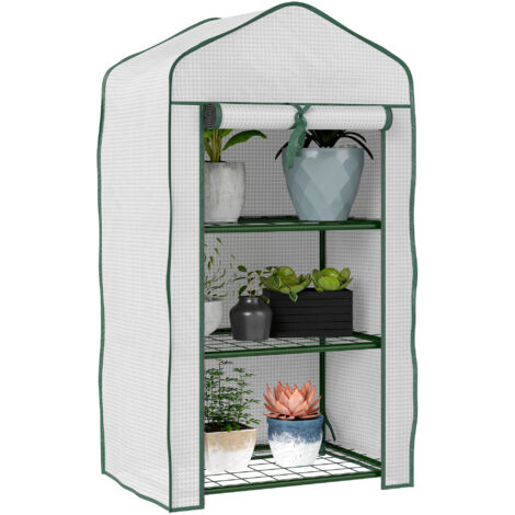 Serre de Jardin étagère 3 Niveaux dim. 59L x 39l x 127H cm métal thermolaqué Vert PE Haute densité 140g/m² Blanc (1/5)