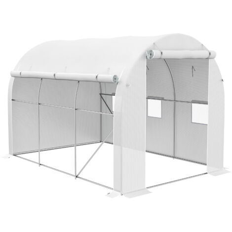 Serre de jardin 6 m² dim. 3 x 2 m avec 1 porte + 2 parois latérales zippées enroulables, 6 fenêtres, Blanc (1/5)