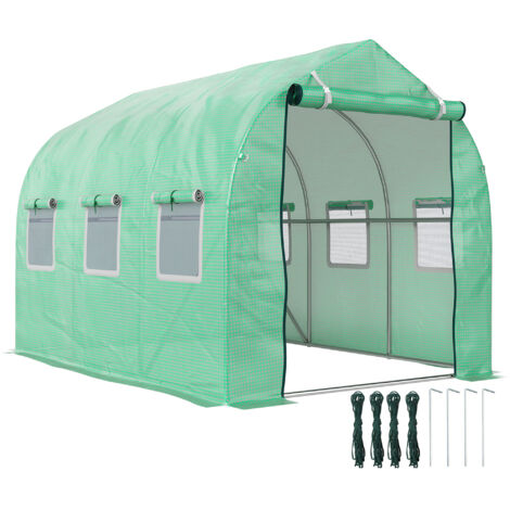 Serre de jardin tunnel serres tunnel 6 m² avec 6 fenêtres porte à fermeture éclair toile PE structure fer galvanisé vert (1/5)