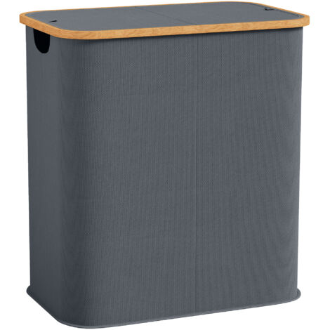 Panier à linge double pliable 80 L corbeille à linge sale avec couvercle, poignées rainurées, gris (1/5)