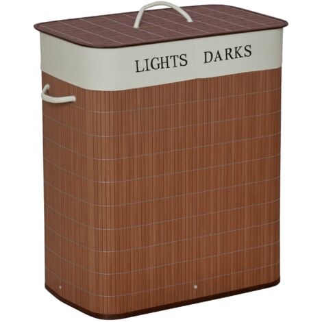 Panier à linge 100L avec 2 bacs bambou pliable couvercle poignée avec Sac amovible et lavable marron (1/4)