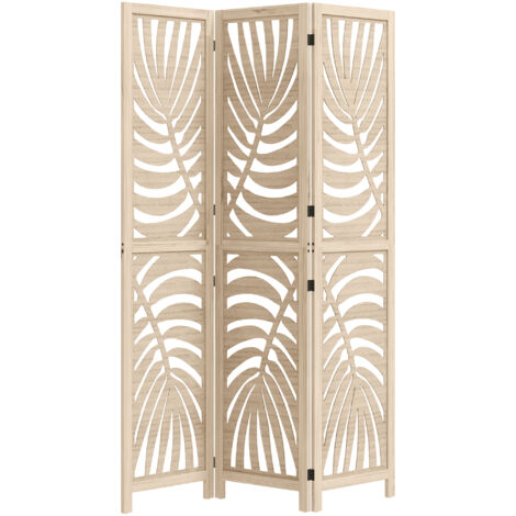 Paravent interieur en bois 3 panneaux 120 x 170 cm, pliable et portable, motif de feuille, design amovible, bois naturel (1/5)