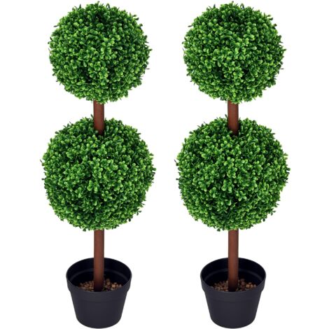 Lot de 2 arbres buis artificiel double boules avec tronc et pot inclus - hauteur 90 cm vert (1/5)