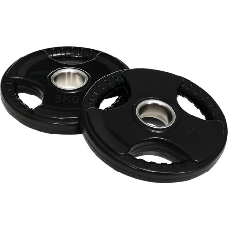 Disques de poids, plaques de poids 2 x 5 kg, à trois poignées avec trous de Ø 50 mm, couverture en caoutchouc, noir