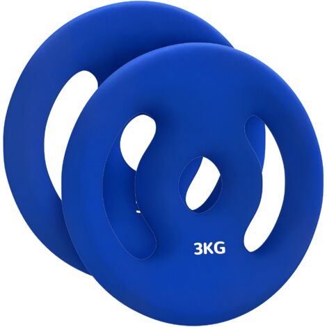 Lot de 2 plaques de poids 2 x 3 kg disques d'haltères pour barres Ø 2,5 cm avec poignées faciles à saisir en métal, bleu (1/5)