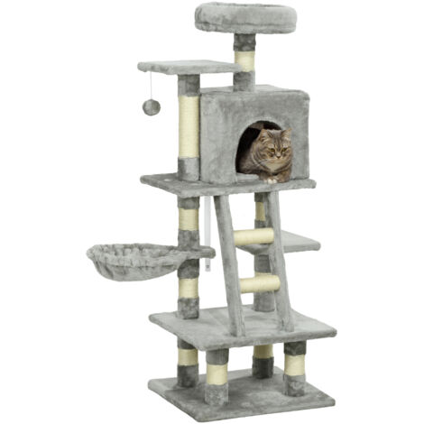 Arbre à chats multi-équipements griffoirs grattoirs niches plate-formes + échelle + hamac+ boule suspendue gris (1/5)