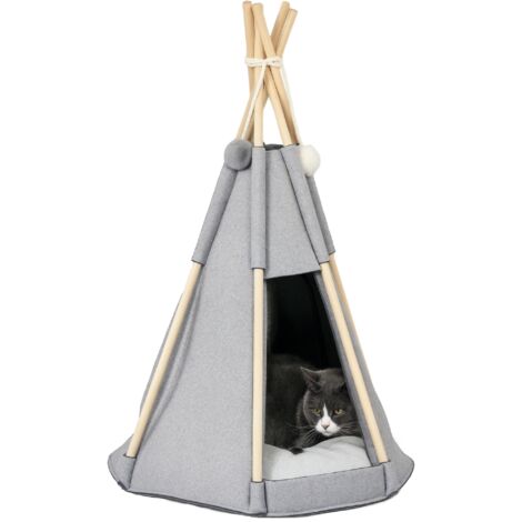 Tente tipi pour animaux teepee chat ou chien coussin épais 2 pompons inclus structure bois de pin feutrine peluche gris (1/5)