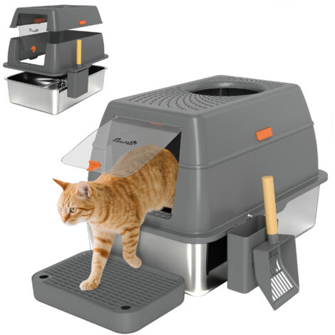 Bac à litière fermé maison de toilette pour chat acier inoxydable couvercle marche anti-dispersion 60x40x38cm gris foncé (1/5)