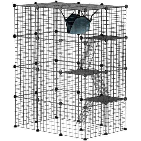 Cage pour chat d'intérieur parc pour chat en acier à 4 niveaux DIY avec 5 portes hamac 1-3 chats 105 x 70 x 140 cm noir (1/5)