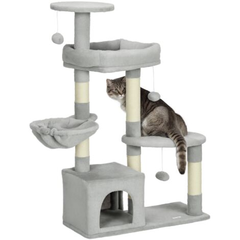 Arbre à chat hauteur 104 cm centre d'activités multi-niveaux colonnes renforcées 3 boules suspendues gris clair (1/5)