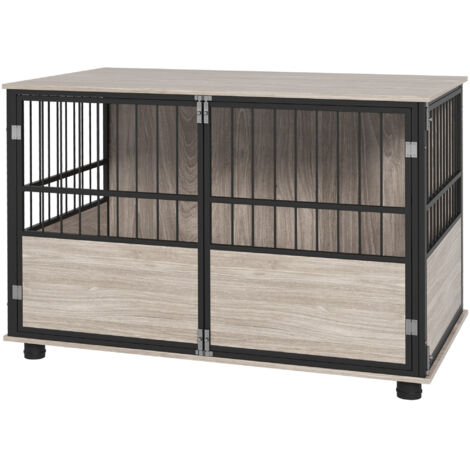 Cage pour chien intérieur, table d'appoint, 100 x 60 x 68 cm, niche, 3 portes verrouillables, aspect bois noir (1/5)