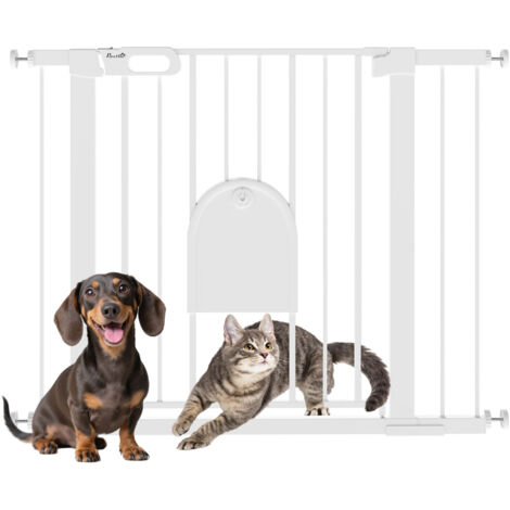 Barrière de sécurité animaux avec porte fermeture automatique système de double verrouillage, acier blanc (1/5)