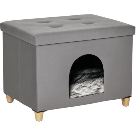 Niche chat maison de chat design surélevé avec coussin amoviable et lavable en peluche doux repose-pieds, dessus ouvrable, gris (1/5)