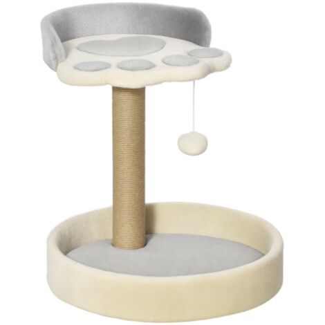 Arbre à chat griffoir grattoir en forme de patte 2 plateformes et un pompon suspendu hauteur 44 cm gris (1/5)