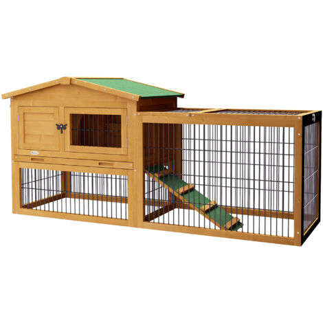 Clapier de sol cage à lapin niche supérieure avec rampe enclos extérieur porte verrouillable 150 x 52,5 x 68 cm jaune (1/5)