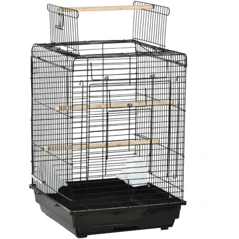 Cage à oiseaux en métal avec mangeoires perchoirs plateau amovible poignée dim. 40L x 40l x 59H cm noir (1/5)
