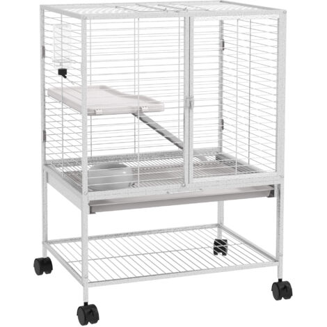Cage pour petits animaux sur roulettes 2 niveaux avec 2 portes, 1 rampe, 1 étagère de rangement 61,5 x 44,5 x 86 cm gris (1/5)