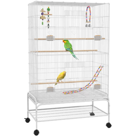 Cage à oiseaux sur pieds roulettes avec 4 mangeoires et 3 perchoirs 79 x 49 x 133 cm blanc (1/5)