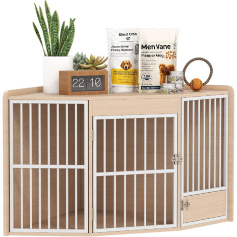 Cage d'angle pour chien, table d'appoint, avec porte rotative, pour petits et moyens chiens 113 x 80 x 64 cm, chêne (1/5)