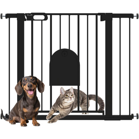 Barrière de sécurité animaux avec porte fermeture automatique système de double verrouillage, acier noir (1/5)