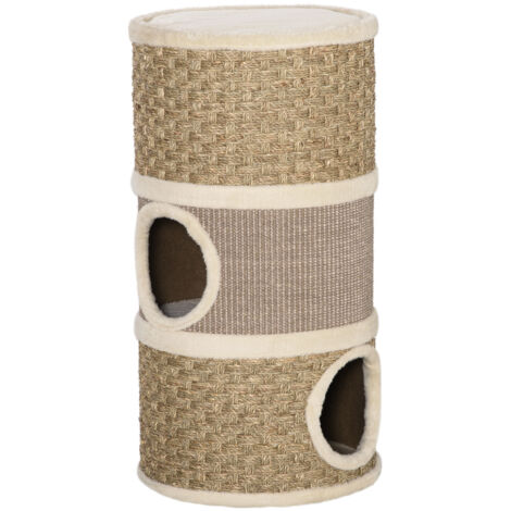 Tonneau à gratter pour chat arbre à chat sisal naturel et herbiers marins recouvert de peluche 37,5 x 37,5 x 70 cm kaki et café (1/5)