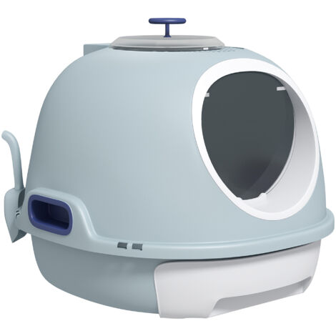 Bac à litière pour chat maison de toilette portable pour chat tiroir à litière coulissant porte battante lucarne + pelle fournis dim. 47L x 55l x 44H cm bleu (1/5)