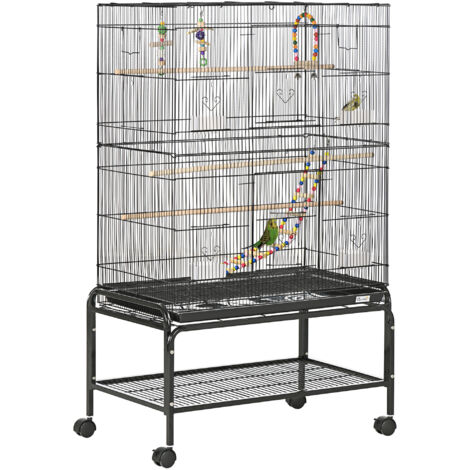 Cage à oiseaux sur pieds roulettes avec 4 mangeoires et 3 perchoirs 79 x 49 x 133 cm noir (1/5)