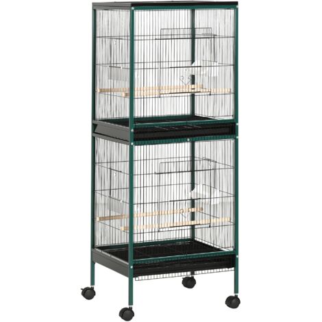 Grande Cage à Oiseaux sur pied double avec mangeoires perchoirs plateau amovible roulettes - Dim. 51,5L x 50l x 140H cm (1/5)