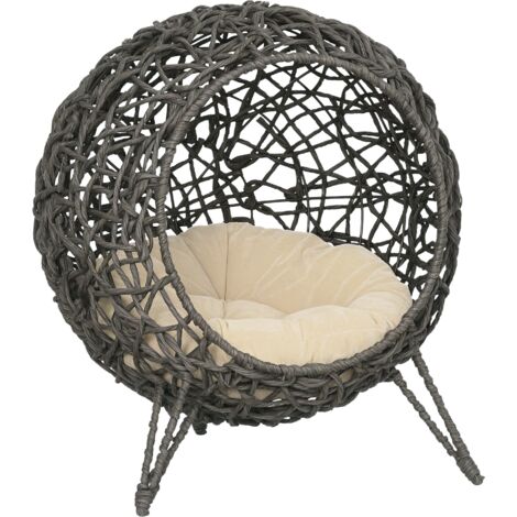 Panier chat lit surélevé chat cosy niche grotte grand confort dim. Ø 52 x 58H cm coussin moelleux inclus résine tressée imitation rotin gris (1/5)