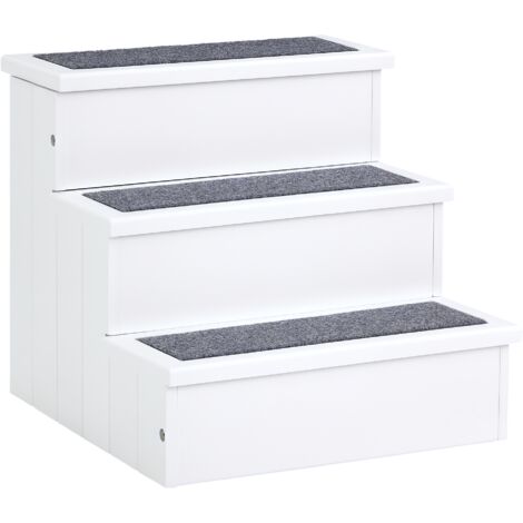 Escalier pour chien animaux rampe 3 marches revêtement tapis coffre interne rangement blanc gris (1/5)