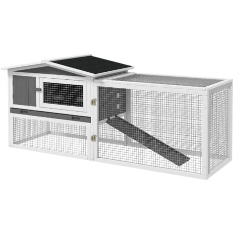 Clapier cage à lapins 2 étages tiroir déjection enclos extérieur amovible toit ouvrant 156x58x68cm bois massif pin (1/5)