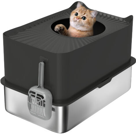 Bac à litière pour chat en acier inoxydable 85L grande capacité maison de toilette semi-fermée, 60 x 40 x 38 cm noir (1/5)